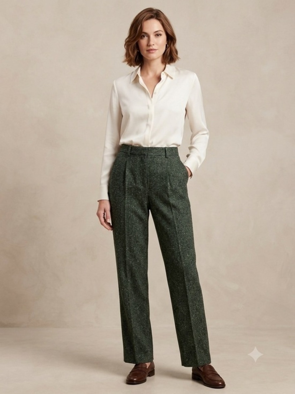 Banana Republic Tailored  Italian Wool Blend Trousers Green Tweed size 31R